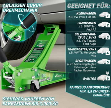 Wagenheber hydraulisch, 3 t. flach 75 - 510mm Hubhöhe mit Doppelkolben; grün